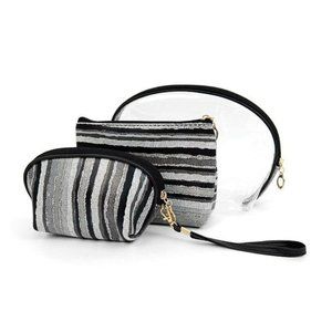 3pc Cosmetic Bags, Gray and Black Striped Travel Make Up Pouch